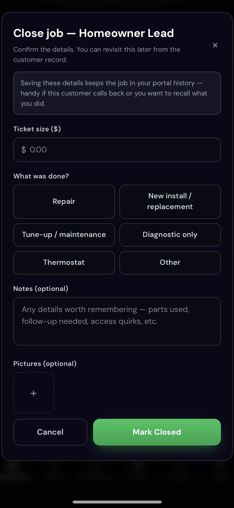 Close job modal with ticket size, service type, notes, and photo upload
