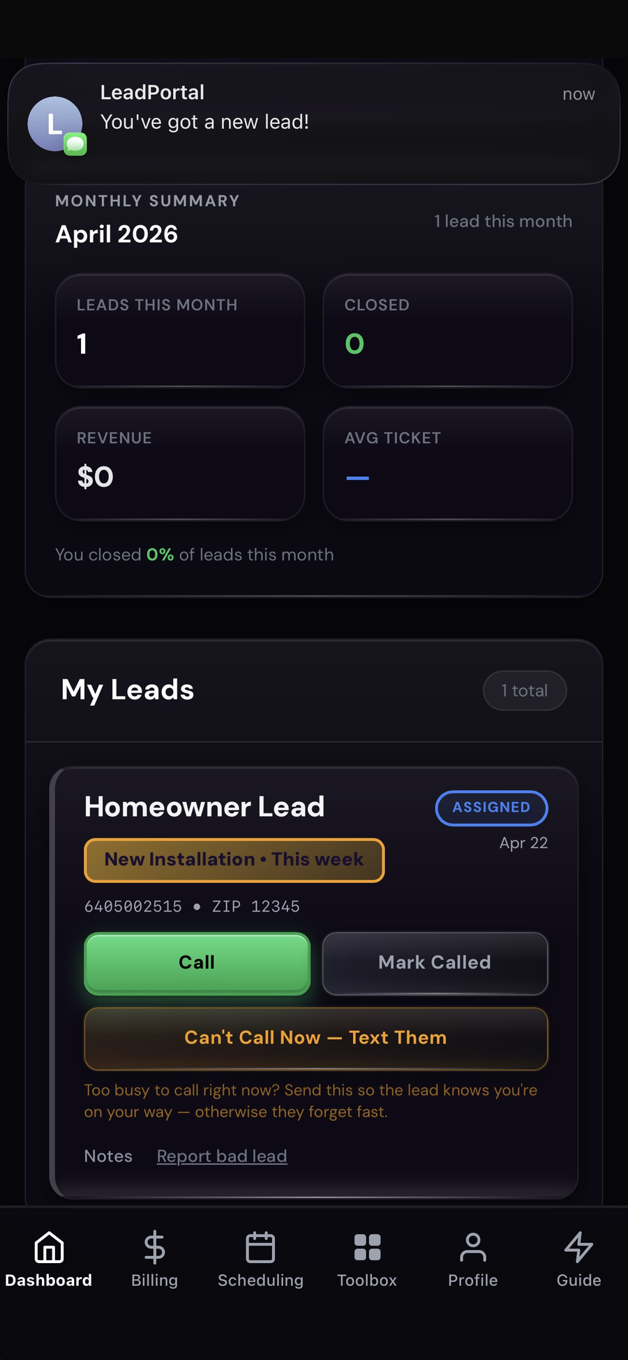LeadPortal contractor dashboard showing an incoming lead notification