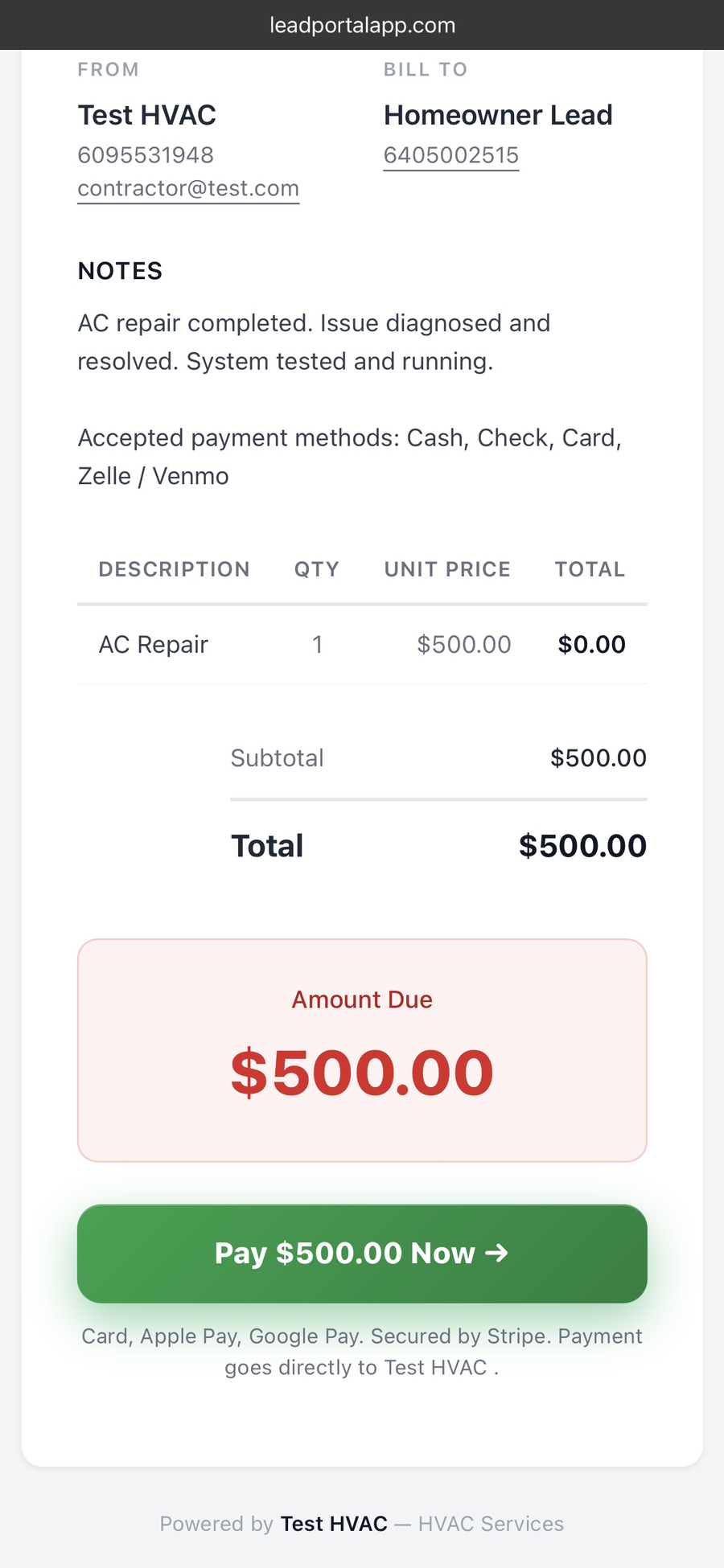 Branded invoice as the homeowner sees it with a Pay Now button