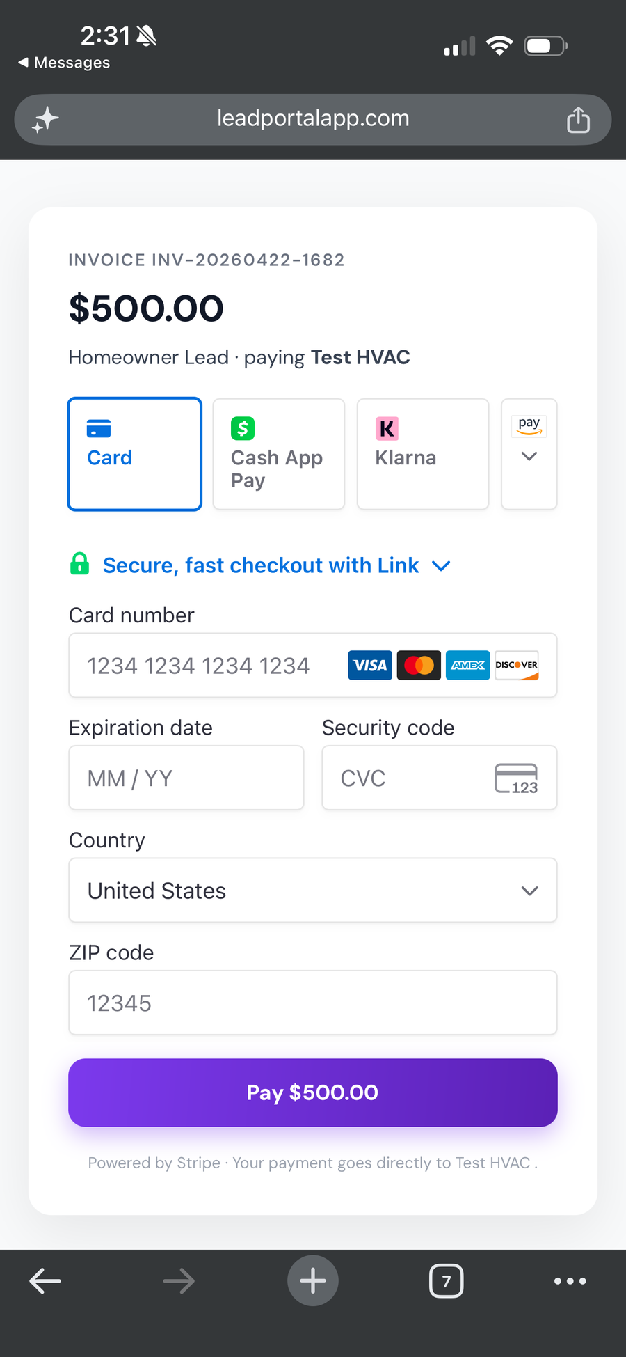 Stripe-powered homeowner checkout showing Card, Cash App Pay, and Klarna options